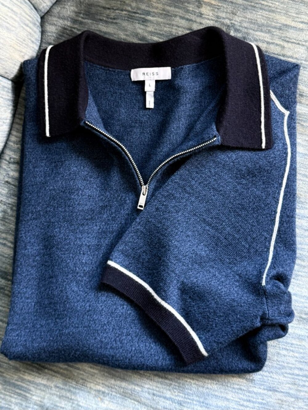 Reiss Wool Blend Quarter Zip Polo Short Sleeve Navy Blue Large Preppy